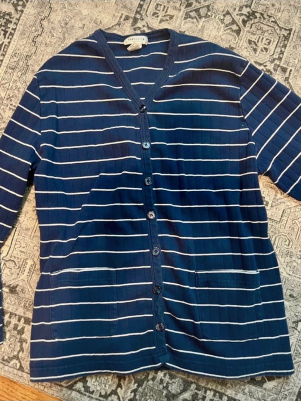 100% Cotton Women’s Van Heusen Navy and White Striped V-Neck Cardigan